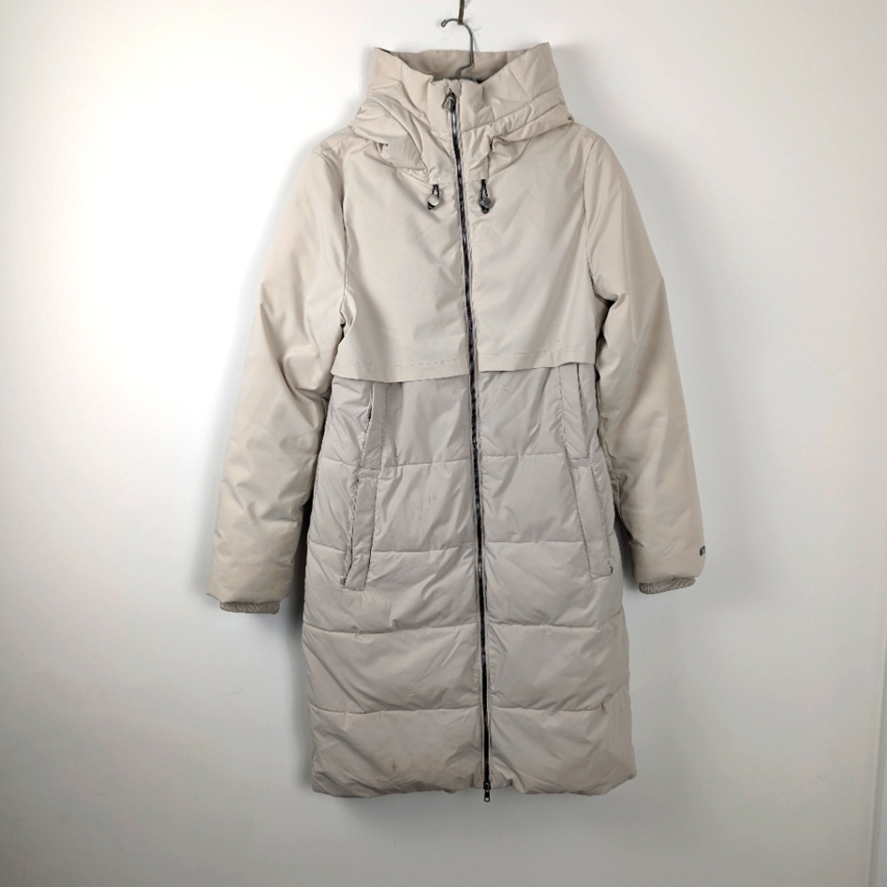 FIG Oslo Parka Beige Hooded Winter Jacket - Long Coat Size Medium 650 Down Fill